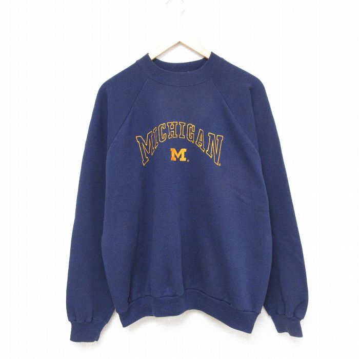 【50%OFF】XL★古着 長袖 スウェット メンズ 00年代 00s ミシガン 刺繍 ラグラン クルーネック 紺 ネイビー 25apr16 中古 スエット トレーナー トップス