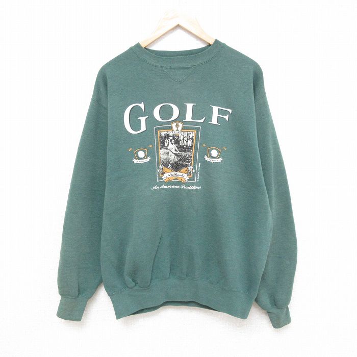 【50%OFF】XL★古着 長袖 スウェット メンズ 90年代 90s ゴルフ クルーネック 緑 グリーン 霜降り 25apr16 中古 スエット トレーナー トップス