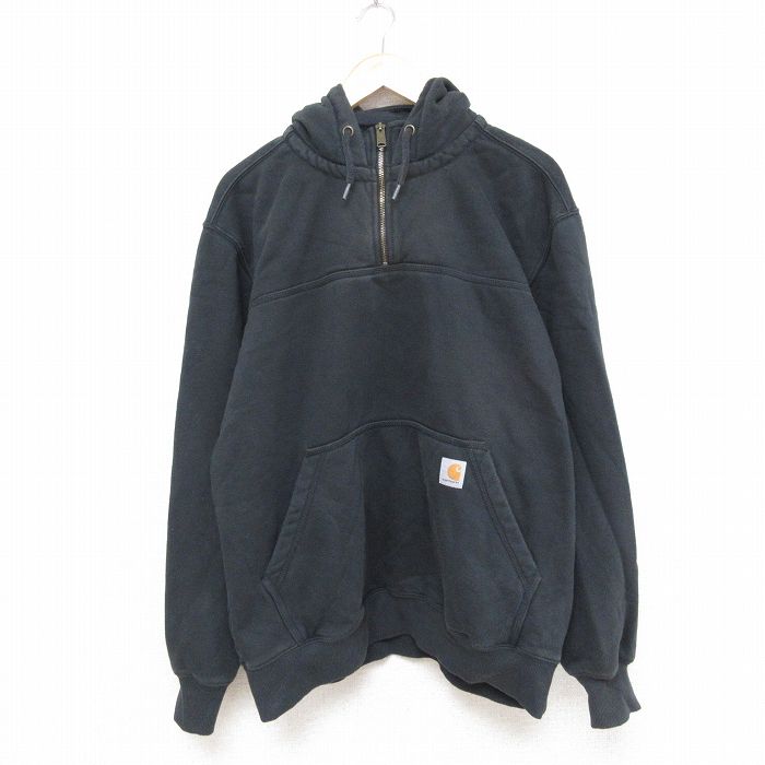 XL★古着 カーハート Carhartt 長袖 ハーフジップ スウェット パーカー メンズ 00年代 00s ワンポイントロゴ 黒 ブラック 25apr16 中古 スエット トレーナー トップス