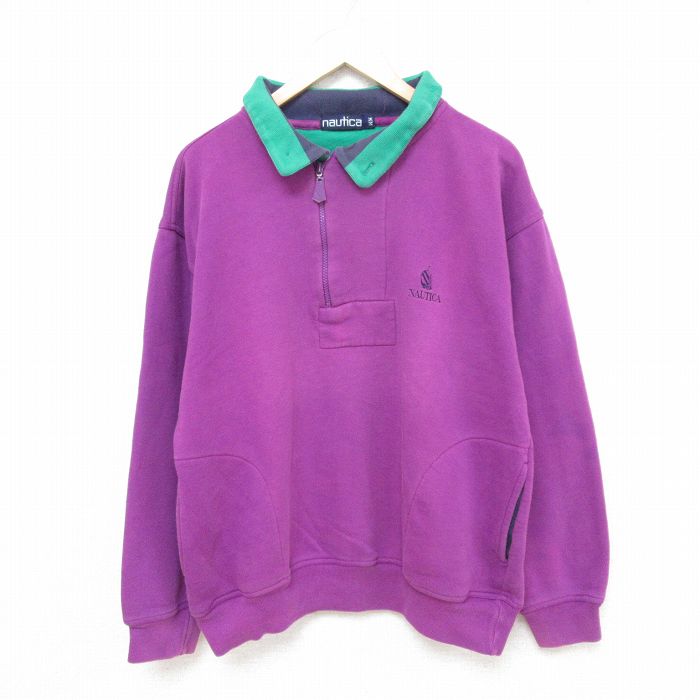 L★古着 ノーティカ NAUTICA 長袖 ブランド ハーフジップ スウェット メンズ 90年代 90s ワンポイントロゴ 襟付き 紫 パープル 25apr16 中古 スエット トレーナー トップス