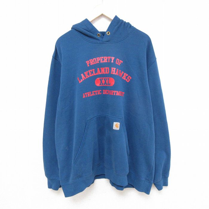 XL★古着 カーハート Carhartt 長袖 スウェット パーカー メンズ 00年代 00s LAKELAND HAWKS 大きいサイズ クルーネック 薄紺 ネイビー 25apr16 中古 スエット トレーナー トップス