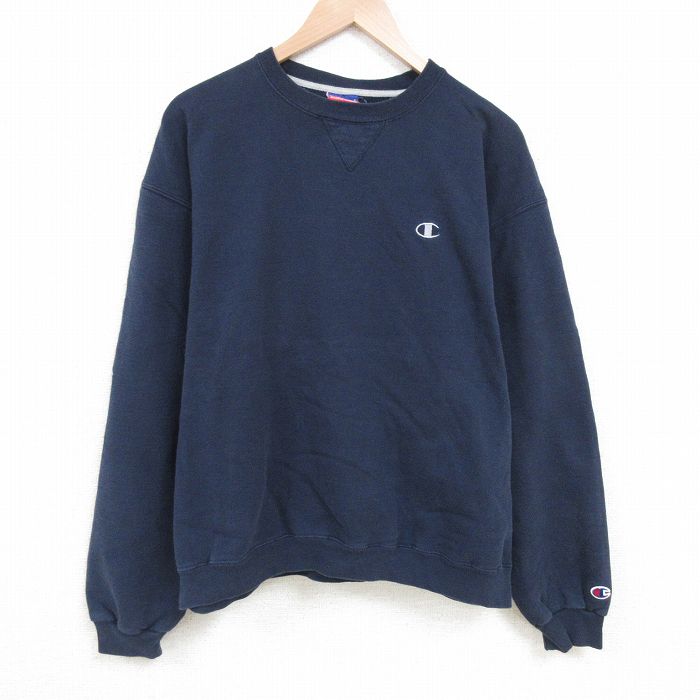XL★古着 チャンピオン Champion 長袖 スウェット メンズ 00年代 00s ワンポイントロゴ 大きいサイズ クルーネック 紺 ネイビー 25apr16 中古 スエット トレーナー トップス
