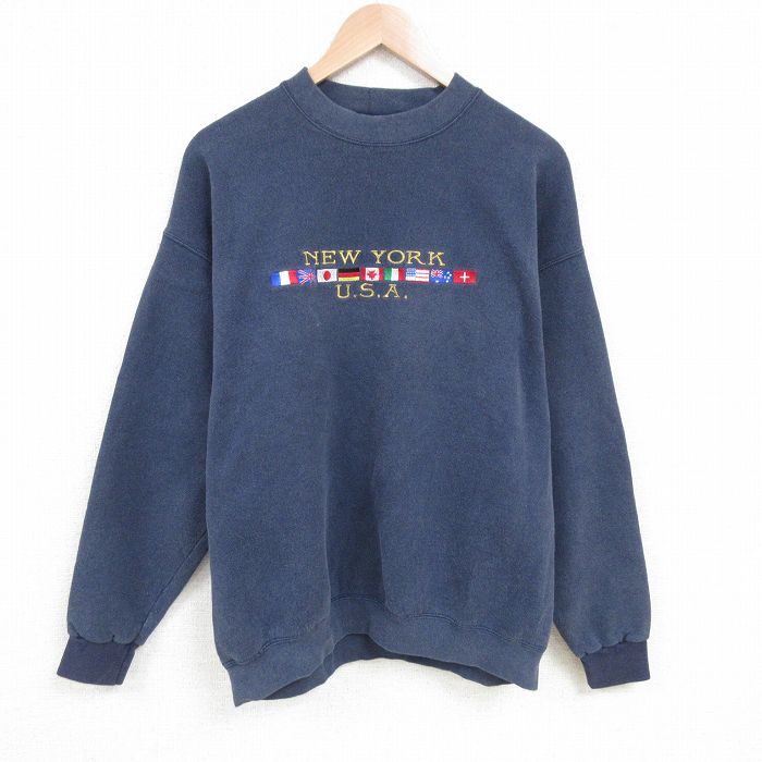 XL★古着 リー Lee 長袖 スウェット メンズ 90年代 90s ニューヨーク 刺繍 クルーネック USA製 紺 ネイビー 25apr16 中古 スエット トレーナー トップス