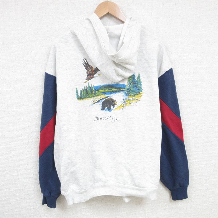 【50%OFF】XL★古着 長袖 フルジップ スウェット パーカー メンズ 80年代 80s ワシ クマ マルチカラー USA製 薄グレー他 霜降り 25apr16 中古 スエット トレーナー トップス