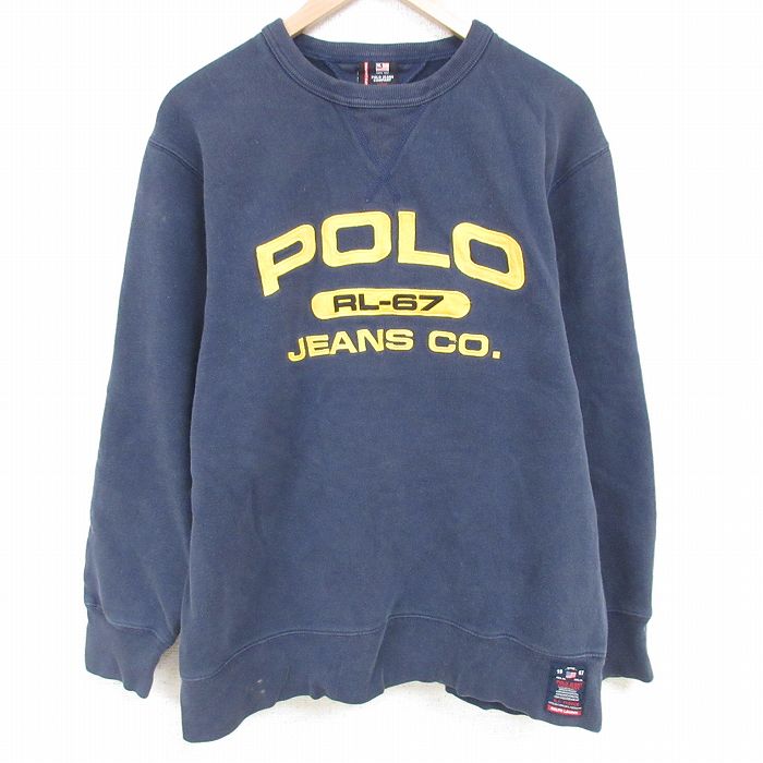 【20%OFF】XL★古着 ラルフローレン Ralph Lauren ポロジーンズ 長袖 ブランド スウェット メンズ 00年代 00s ビッグロゴ 刺繍 大きいサイズ クルーネック 紺 ネイビー 【spe】 25apr16 中古 スエット トレーナー トップス