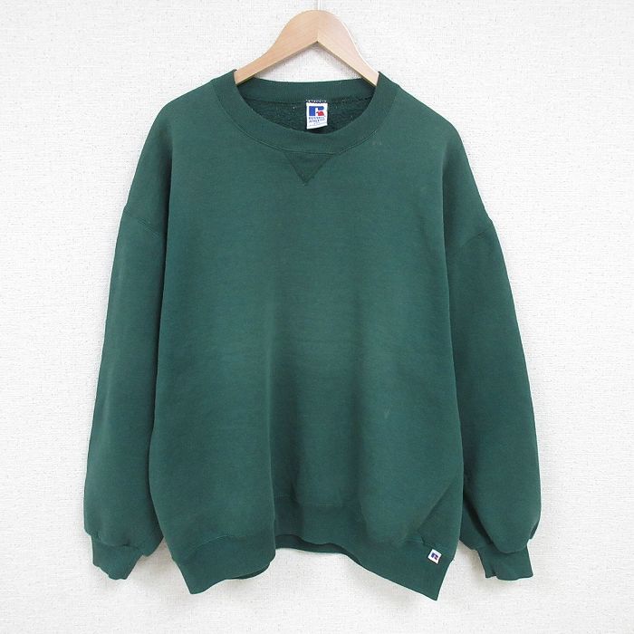 XL★古着 ラッセル 長袖 スウェット メンズ 90年代 90s 無地 大きいサイズ クルーネック USA製 緑 グリーン 【spe】 25apr17 中古 スエット トレーナー トップス