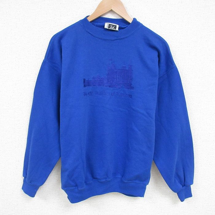 M★古着 長袖 スウェット メンズ 00年代 00s 刺繍 クルーネック 青 ブルー 25apr17 中古 スエット トレーナー トップス
