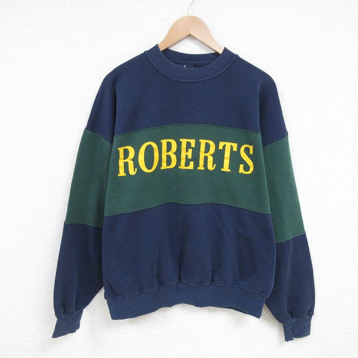 【50%OFF】XL★古着 長袖 スウェット メンズ 90年代 90s ROBERTS ツートンカラー 大きいサイズ クルーネック USA製 紺他 ネイビー 25apr17 中古 スエット トレーナー トップス