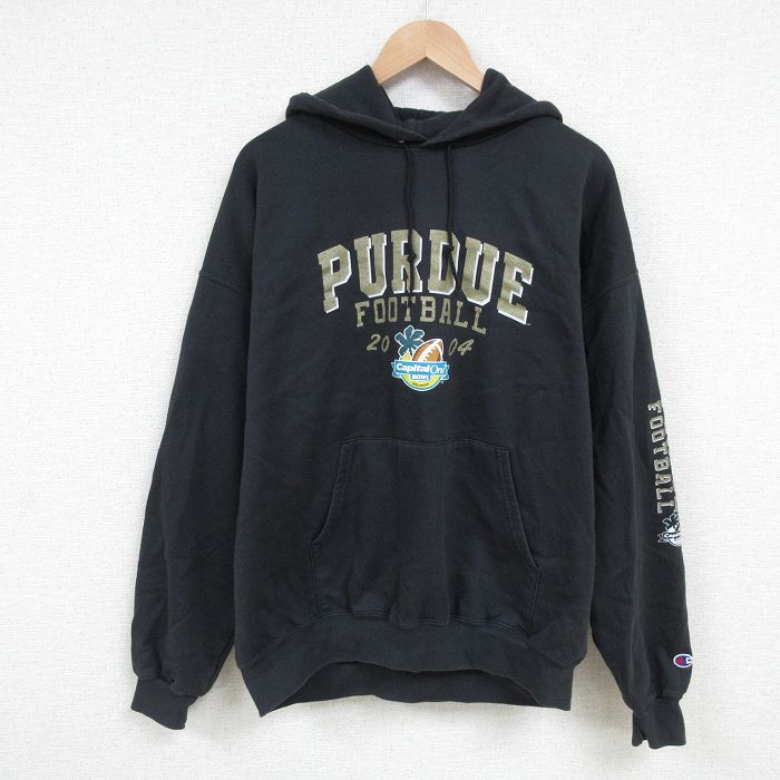 XL★古着 チャンピオン Champion 長袖 スウェット パーカー メンズ 00年代 00s PURDUE ラグビーボール 大きいサイズ 黒 ブラック 25apr17 中古 スエット トレーナー トップス