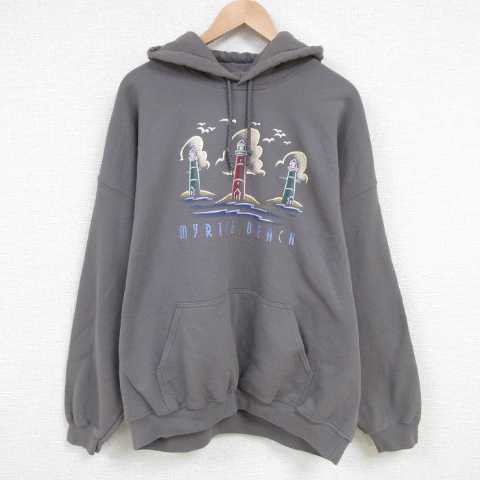 【50%OFF】XL★古着 長袖 スウェット パーカー メンズ 00年代 00s 灯台 刺繍 大きいサイズ グレー系 25apr17 中古 スエット トレーナー トップス