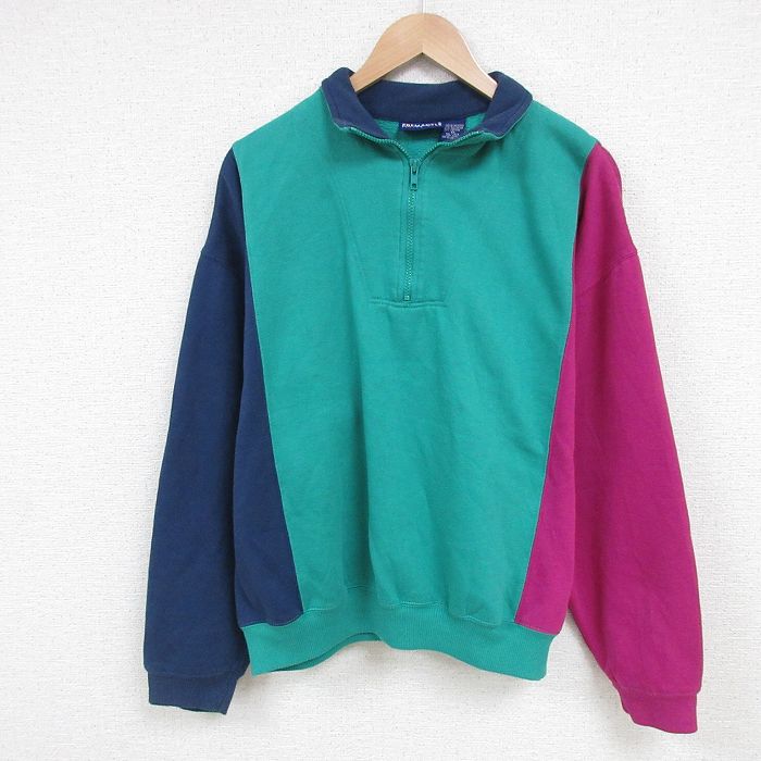 XL★古着 長袖 ハーフジップ スウェット メンズ 90年代 90s マルチカラー 大きいサイズ 緑他 グリーン 25apr17 中古 スエット トレーナー トップス