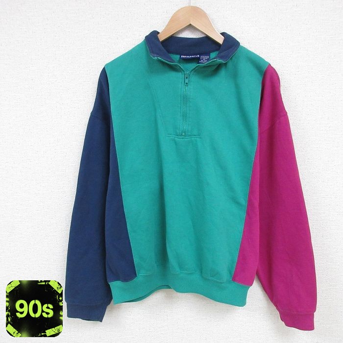 90s ハーフジップスウェット マルチカラー グリーン XL | 古着