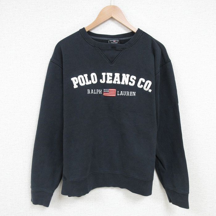 【20%OFF】XL★古着 ラルフローレン Ralph Lauren ポロジーンズ 長袖 ブランド スウェット メンズ 90年代 90s ビッグロゴ 刺繍 クルーネック 黒 ブラック 25apr17 中古 スエット トレーナー トップス