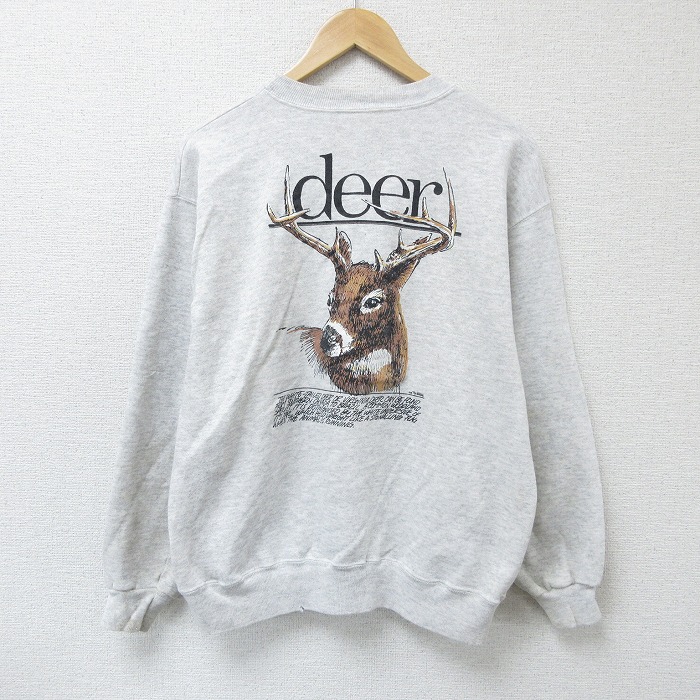 L★古着 ヘインズ Hanes 長袖 スウェット メンズ 90年代 90s deer シカ クルーネック USA製 薄グレー 霜降り 25apr17 中古 スエット トレーナー トップス