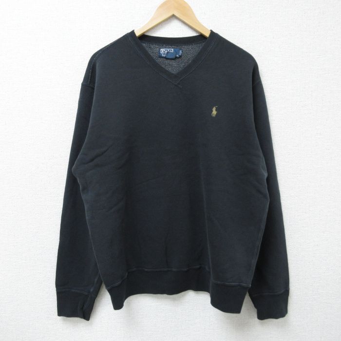 XL★古着 ラルフローレン Ralph Lauren 長袖 ブランド スウェット メンズ 90年代 90s ワンポイントロゴ Vネック 黒 ブラック 25apr18 中古 スエット トレーナー トップス
