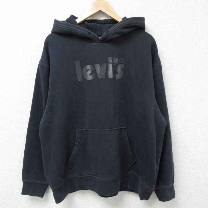 XL★古着 リーバイス Levis 長袖 スウェット パーカー メンズ ビッグロゴ フロッキープリント 大きいサイズ 黒 ブラック 25apr18 中古 スエット トレーナー トップス