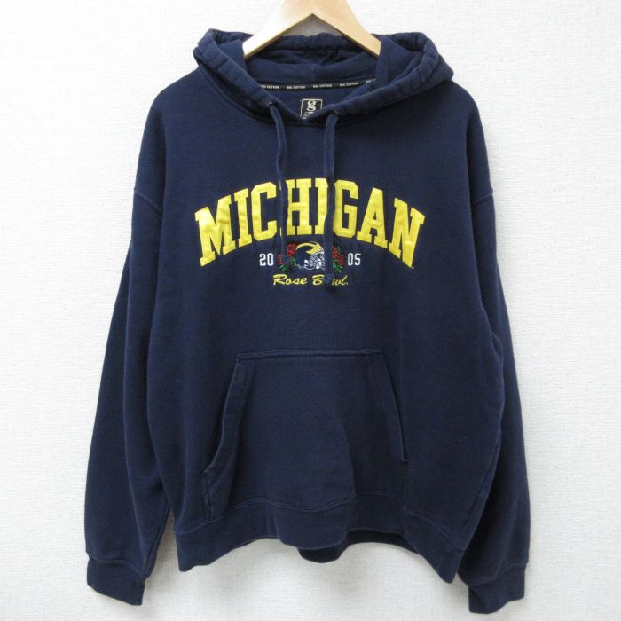 XL★古着 長袖 スウェット パーカー メンズ 00年代 00s ミシガン 刺繍 大きいサイズ 紺 ネイビー 25apr18 中古 スエット トレーナー トップス