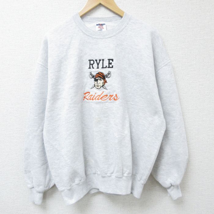 【20%OFF】XL★古着 ジャージーズ 長袖 スウェット メンズ 90年代 90s 海賊 刺繍 クルーネック USA製 薄グレー 霜降り 25apr18 中古 スエット トレーナー トップス