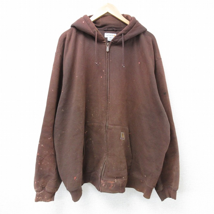 XL★古着 カーハート Carhartt 長袖 フルジップ スウェット パーカー メンズ ワンポイントロゴ 大きいサイズ 茶 ブラウン 25apr21 中古 スエット トレーナー トップス