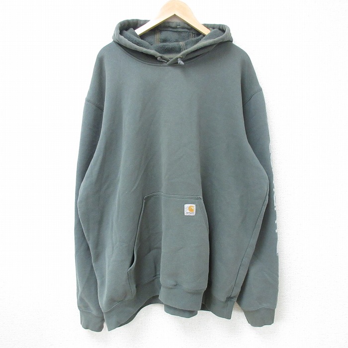 XL★古着 カーハート Carhartt 長袖 スウェット パーカー メンズ ビッグロゴ 大きいサイズ クルーネック 薄緑 グリーン 25apr21 中古 スエット トレーナー トップス