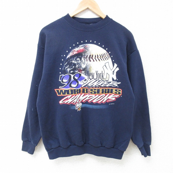 【50%OFF】M★古着 長袖 スウェット メンズ 90年代 90s MLB ニューヨークヤンキース クルーネック 紺 ネイビー メジャーリーグ ベースボール 野球 25apr21 中古 スエット トレーナー トップス