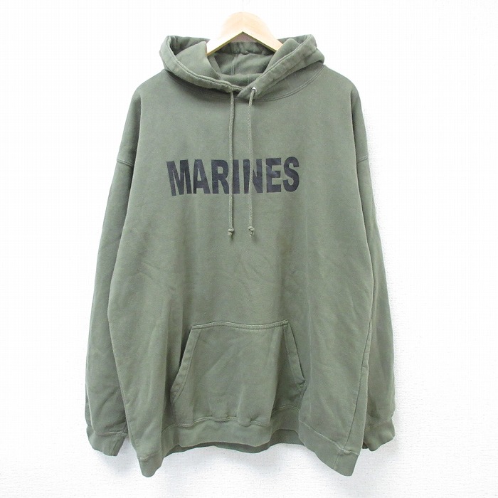 XL★古着 長袖 スウェット パーカー メンズ ミリタリー マリーンズ 大きいサイズ 緑 グリーン 25apr21 中古 スエット トレーナー トップス