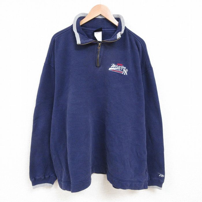 XL★古着 長袖 ハーフジップ スウェット メンズ 90年代 90s MLB ニューヨークヤンキース 大きいサイズ 紺 ネイビー メジャーリーグ ベースボール 野球 25apr28 中古 スエット トレーナー トップス