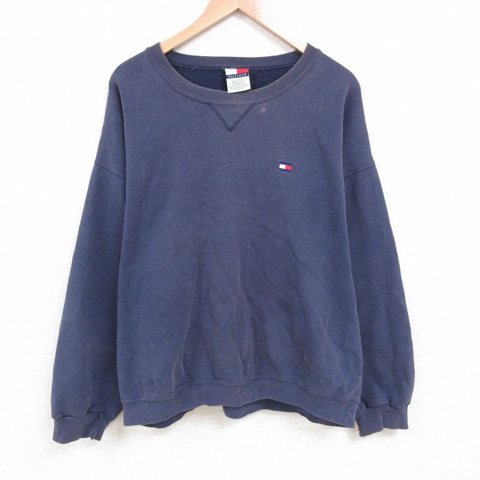 【50%OFF】XL★古着 トミーヒルフィガー TOMMY HILFIGER 長袖 ブランド スウェット メンズ 90年代 90s ワンポイントロゴ 大きいサイズ クルーネック USA製 紺 ネイビー 25apr28 中古 スエット トレーナー トップス