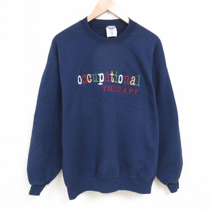 XL★古着 ジャージーズ 長袖 スウェット メンズ 00年代 00s occupational 刺繍 大きいサイズ クルーネック USA製 紺 ネイビー 25apr28 中古 スエット トレーナー トップス