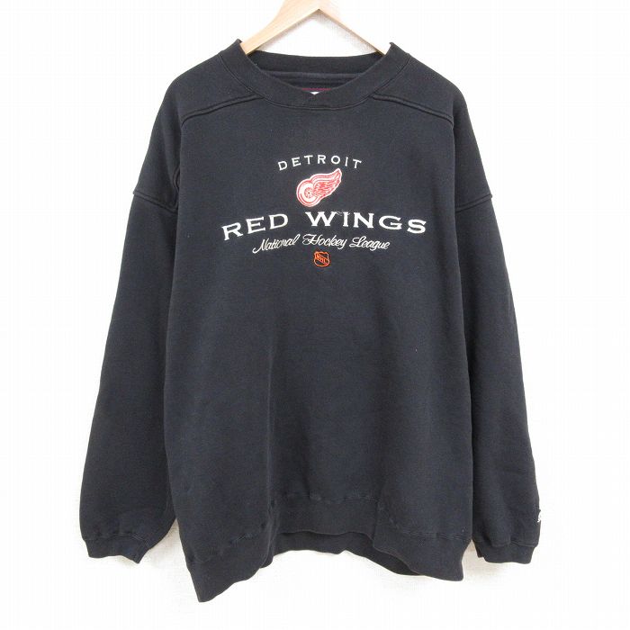 XL★古着 スターター STARTER 長袖 スウェット メンズ 00年代 00s NHL デトロイトレッドウィングス 刺? 大きいサイズ ロング丈 クルーネック 黒 ブラック アイスホッケー 【spe】 25apr28 中古 スエット トレーナー トップス