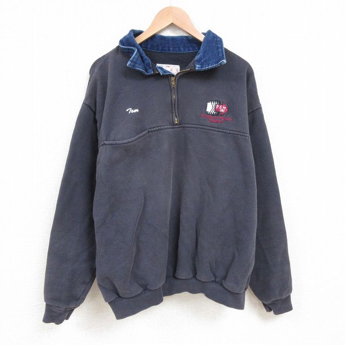 XL★古着 長袖 ハーフジップ スウェット メンズ 90年代 90s 矢印 襟デニム 大きいサイズ 襟付き USA製 紺 ネイビー 【spe】 25apr28 中古 スエット トレーナー トップス