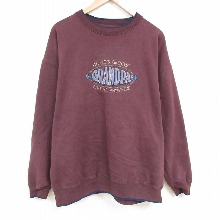 XL★古着 長袖 スウェット メンズ 00年代 00s グランパ 刺繍 大きいサイズ クルーネック こげ茶 ブラウン 25apr28 中古 スエット トレーナー トップス