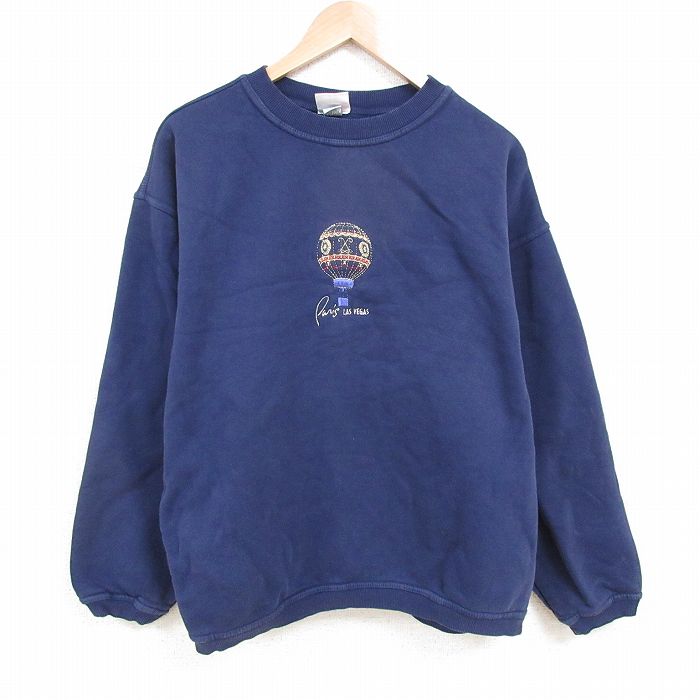 XL★古着 長袖 スウェット メンズ 00年代 00s 気球 刺繍 大きいサイズ コットン クルーネック 紺 ネイビー 25apr28 中古 スエット トレーナー トップス