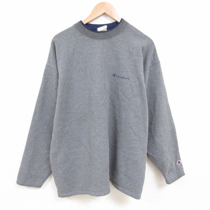 XL★古着 チャンピオン 長袖 スウェット メンズ ワンポイントロゴ 大きいサイズ クルーネック グレー 霜降り 25apr28 中古 スエット トレーナー トップス