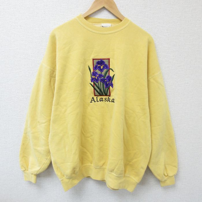 【50%OFF】XL★古着 長袖 スウェット メンズ 90年代 90s 花 アラスカ 刺繍 大きいサイズ クルーネック USA製 黄 イエロー 25may01 中古 スエット トレーナー トップス
