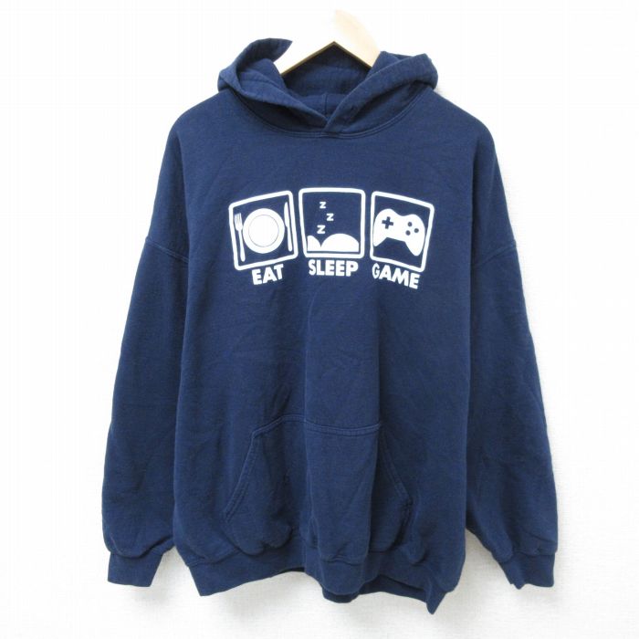 XL★古着 長袖 スウェット パーカー メンズ ゲーム スリープ 皿 大きいサイズ 紺 ネイビー 25may01 中古 スエット トレーナー トップス