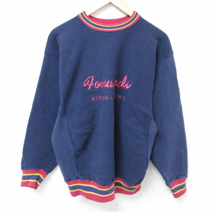 【50%OFF】L★古着 長袖 スウェット メンズ 90年代 90s フォックスウッズ ビンゴ カジノ 刺繍 クルーネック USA製 紺 ネイビー 25may01 中古 スエット トレーナー トップス