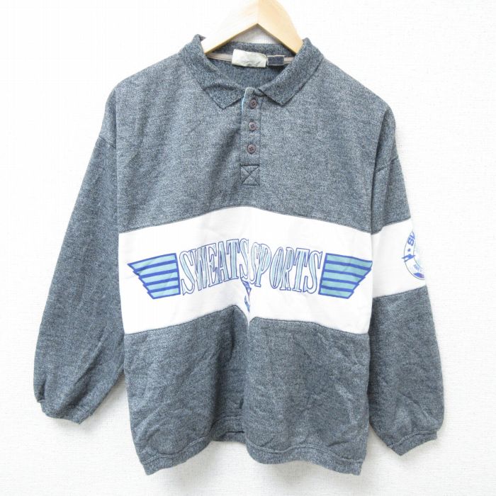 L★古着 長袖 スウェット メンズ 90年代 90s ウイングフット スポーツ ツートンカラー 襟付き 濃グレー 霜降り 25may01 中古 スエット トレーナー トップス