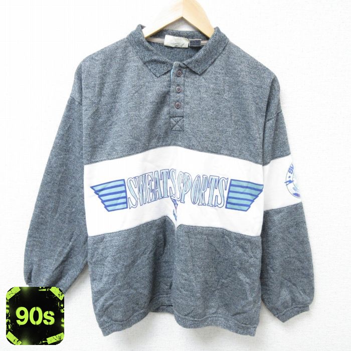 L★古着 長袖 スウェット メンズ 90年代 90s ウイングフット スポーツ ツートンカラー 襟付き 濃グレー 霜降り 25may01 中古 スエット トレーナー トップス