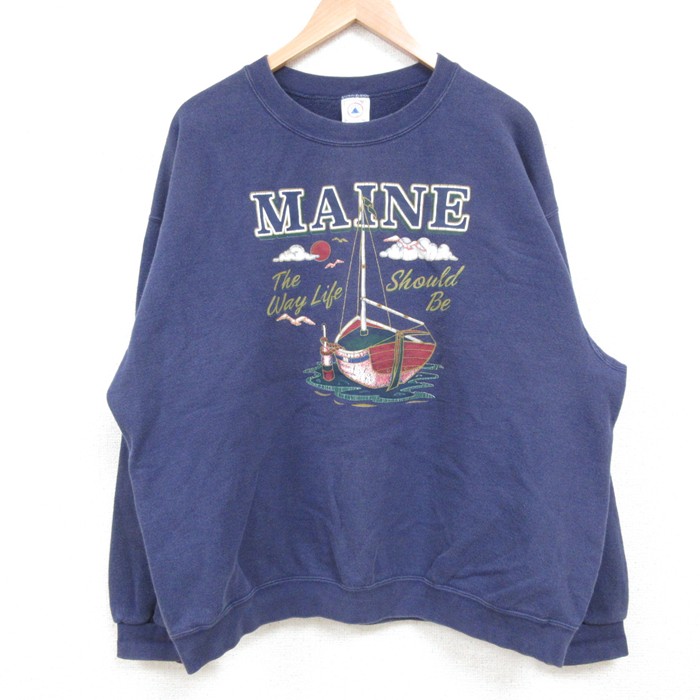 XL★古着 長袖 スウェット メンズ 90年代 90s ヨット MAINE クルーネック USA製 濃紺 ネイビー 25may02 中古 スエット トレーナー トップス