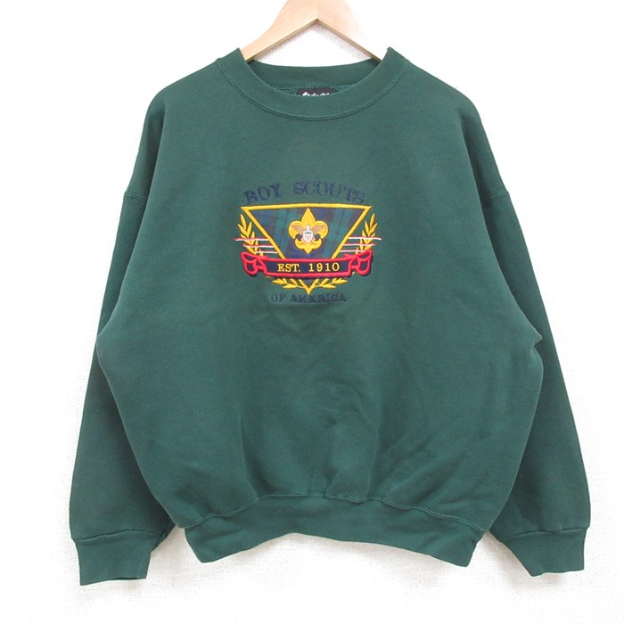 XL★古着 長袖 スウェット メンズ 90年代 90s ボーイスカウト 刺繍 クルーネック USA製 緑 グリーン 25may02 中古 スエット トレーナー トップス