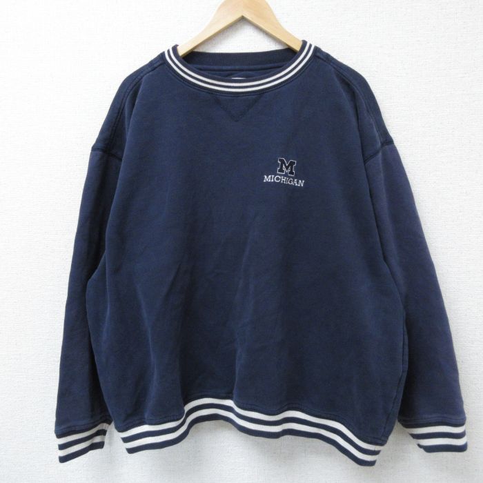 XL★古着 長袖 スウェット メンズ ミシガン 大きいサイズ クルーネック 紺 ネイビー 25may07 中古 スエット トレーナー トップス
