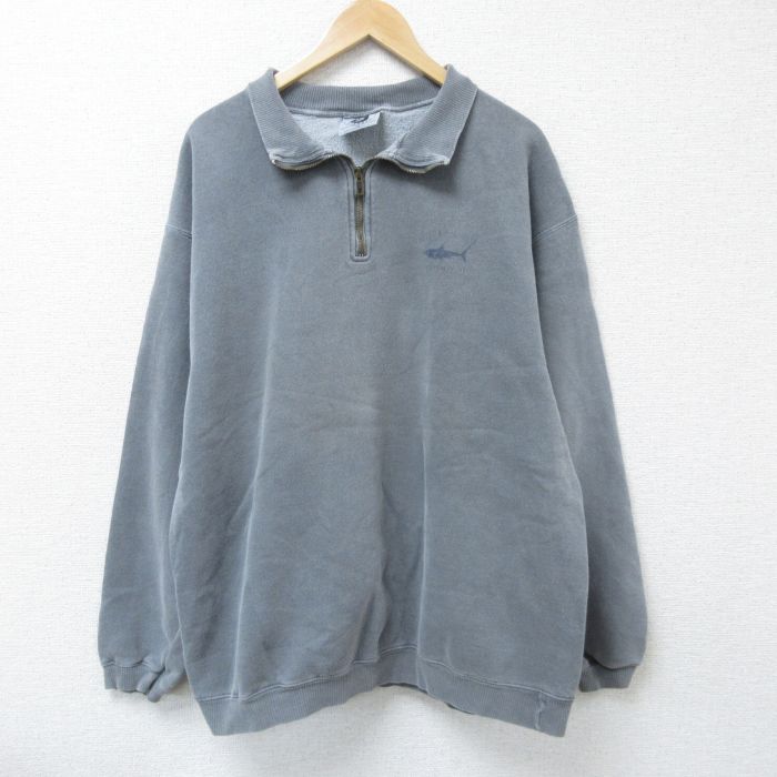 【50%OFF】XL★古着 長袖 ハーフジップ スウェット メンズ 90年代 90s サメ 大きいサイズ USA製 濃グレー 25may07 中古 スエット トレーナー トップス