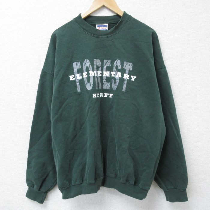 XL★古着 ヘインズ Hanes 長袖 スウェット メンズ 00年代 00s フォレスト ELEMENTARY スタッフ 大きいサイズ クルーネック 緑 グリーン 25may07 中古 スエット トレーナー トップス
