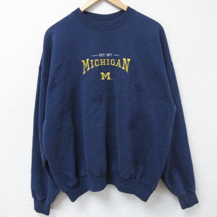 XL★古着 ヘインズ Hanes 長袖 スウェット メンズ 00年代 00s ミシガン 刺繍 クルーネック 紺 ネイビー 25may07 中古 スエット トレーナー トップス