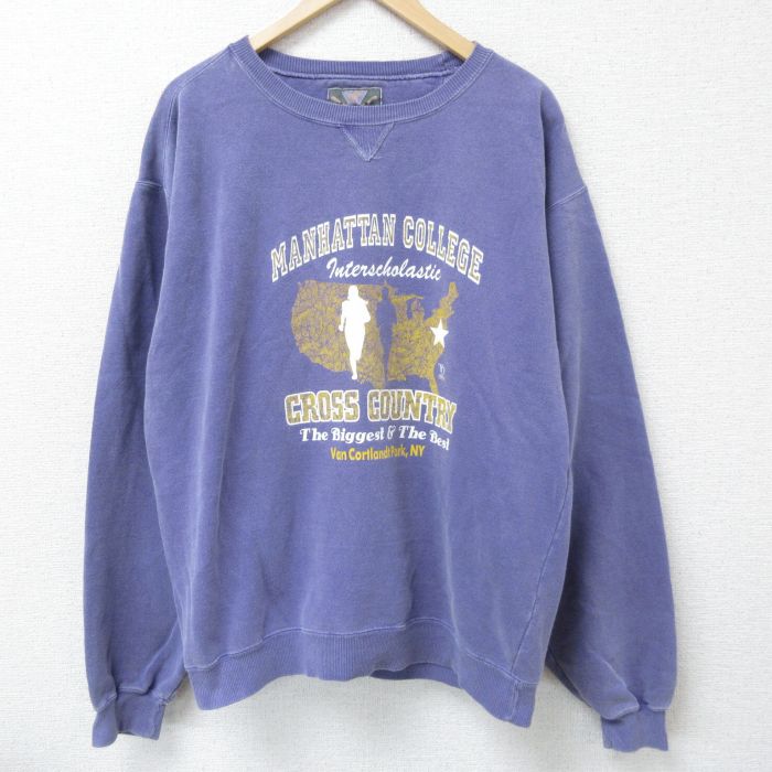 【50%OFF】XL★古着 長袖 スウェット メンズ 90年代 90s マラソン マンハッタン カレッジ ウイングフット クルーネック USA製 紫 パープル 25may07 中古 スエット トレーナー トップス