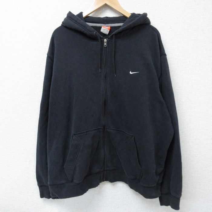 XL★古着 ナイキ 長袖 フルジップ スウェット パーカー メンズ 00年代 00s ワンポイントロゴ 大きいサイズ 黒 ブラック 25may07 中古 スエット トレーナー トップス