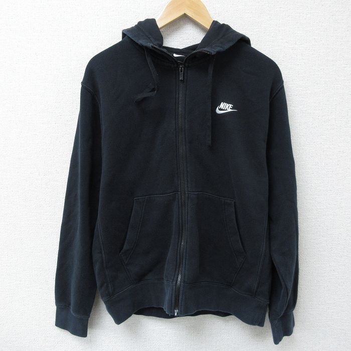 L★古着 ナイキ NIKE 長袖 フルジップ スウェット パーカー メンズ ワンポイントロゴ 黒 ブラック 25may08 中古 スエット トレーナー トップス