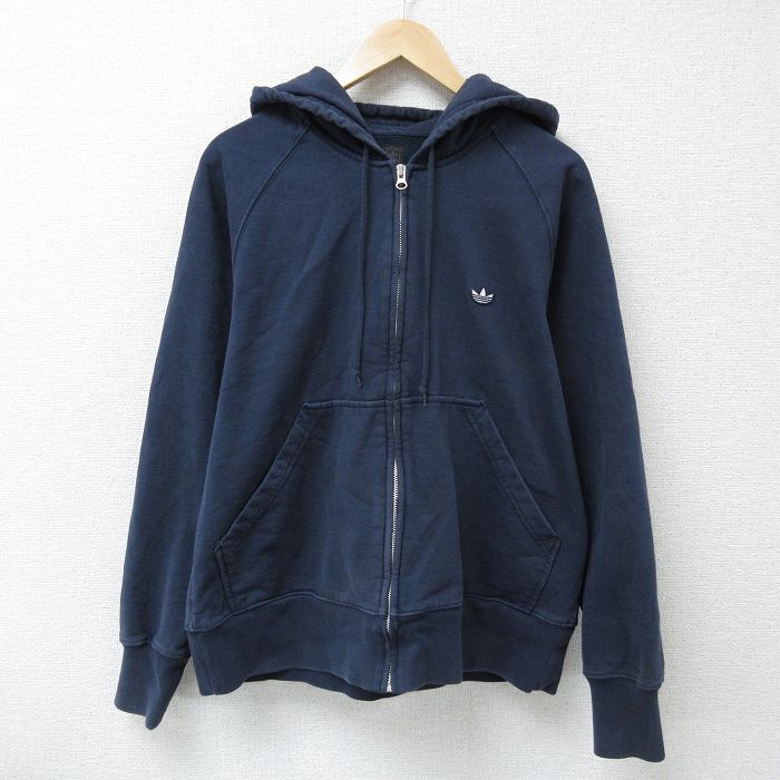 L★古着 アディダス addidas 長袖 フルジップ スウェット パーカー メンズ ワンポイントロゴ ラグラン 紺 ネイビー 25may08 中古 スエット トレーナー トップス