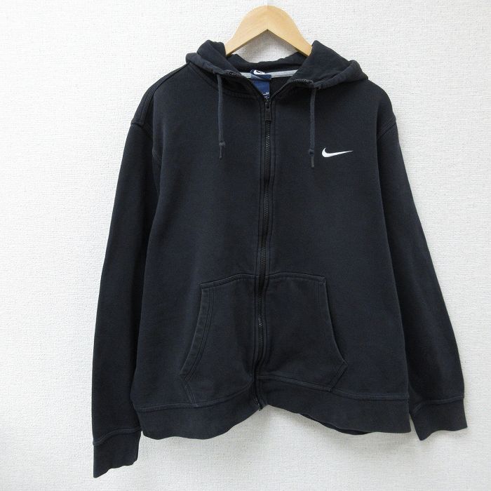 XL★古着 ナイキ NIKE 長袖 フルジップ スウェット パーカー メンズ ワンポイントロゴ 大きいサイズ 黒 ブラック 25may08 中古 スエット トレーナー トップス